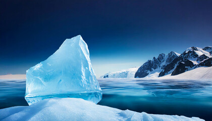 Illustration of arctic iceberg mountain landscape, ice crystal on water, glacier advertisement, blue ice cold, dark sky night - obrazy, fototapety, plakaty