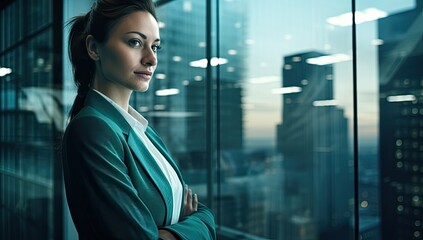 In a powerful portrait, a young businesswoman poses before a contemporary glass building, symbolizing her presence in the corporate world