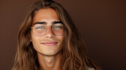 Fototapeta na wymiar Young man with long brown hair wearing round glasses smiling at the camera against a brown background.
