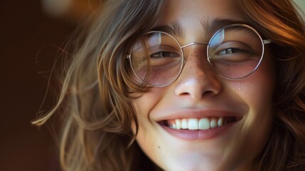Fototapeta na wymiar Smiling young person with glasses and freckles looking directly at the camera with a warm inviting expression.