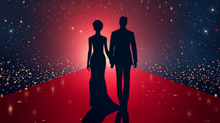 Back silhouette view of a couple of stars in gorgeous evening gowns and suit walking on the red carpet