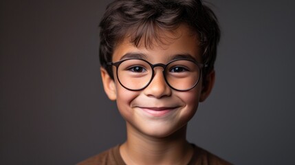 Fototapeta na wymiar A young boy with dark hair and glasses smiling at the camera with a joyful expression.