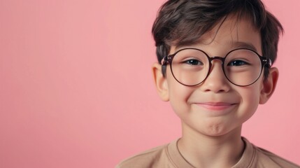 Young boy with glasses smiling against pink background.