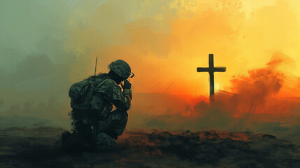 Christian soldier praying with cross in the background. Digital painting - obrazy, fototapety, plakaty