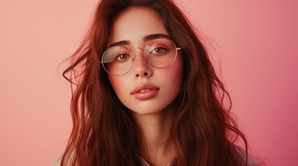 Young woman with red hair and freckles wearing round glasses with a soft pink background showcasing a modern and youthful style.