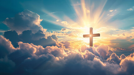 Cross in the clouds and rays of sun, power of faith concept - obrazy, fototapety, plakaty