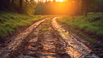 Dirt road with mud and grass with sunset light - Powered by Adobe