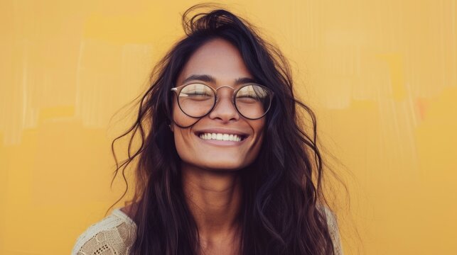Smiling woman with long dark hair and glasses against a yellow background.