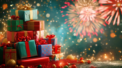 Giant pile of colorful present boxes, fireworks, festive background