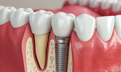 Close-up of a cross-section of jaw filling and dental implant of the tooth in the gum, National Tooth Love Day, Dental Health, 3d model