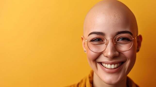 Smiling bald woman with glasses and a yellow background.