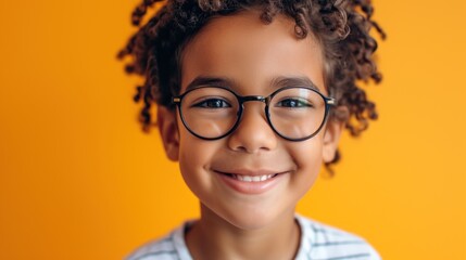 Obraz premium A cheerful young child with curly hair and glasses smiling against a vibrant yellow background.