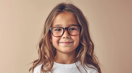 Young girl with glasses smiling wearing a white shirt with long brown hair against a beige background.