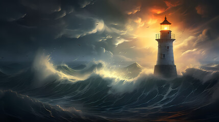 Lighthouse in stormy ocean digital concept illustration