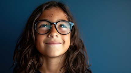 Obraz premium Young girl with glasses smiling against a blue background.