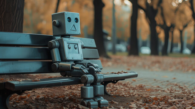 Lonely Robot sitting on bench in a park thinking about life