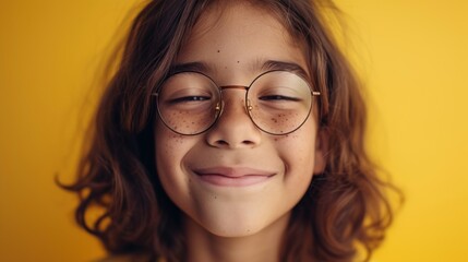 A young child with glasses smiling at the camera against a bright yellow background.