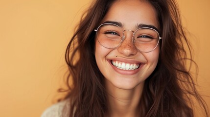 Naklejka premium A young woman with a radiant smile wearing round glasses and with her brown hair gently blowing set against a warm blurred orange background.
