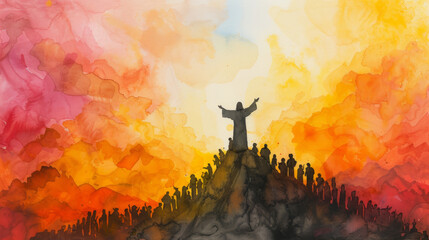 Silhouette of Jesus standing on top of a mountain and preaching to the crowd. Watercolor painting - obrazy, fototapety, plakaty