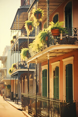 Charming French-Spanish Creole Architecture in French Quarter, New Orleans At Sunset