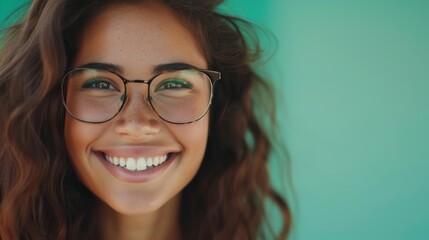 Obraz premium A smiling woman with glasses and brown hair against a teal background.