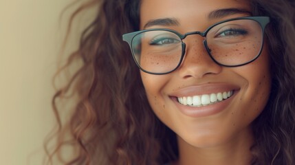Smiling woman with glasses and freckles close-up warm tone soft focus on hair.
