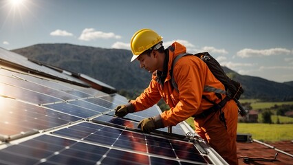 male engineer installing solar photovoltaic panel system.