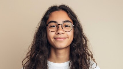 Fototapeta premium A young woman with long wavy hair wearing glasses and a white top smiling at the camera against a neutral background.