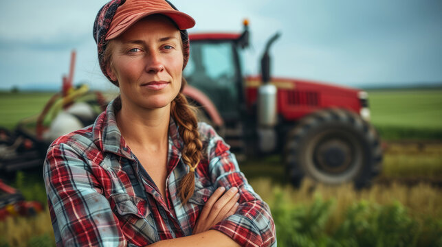 Portrait of a tough female farmer in front of a tractor in a field