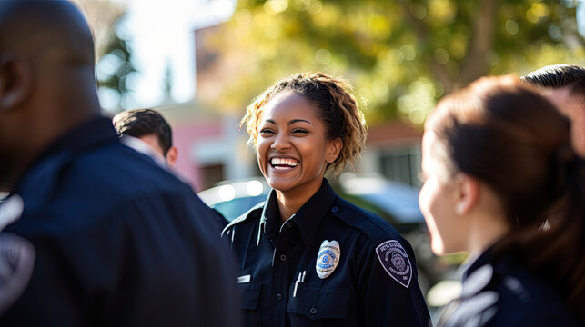 Smiling black female police officer talking to her colleagues 
