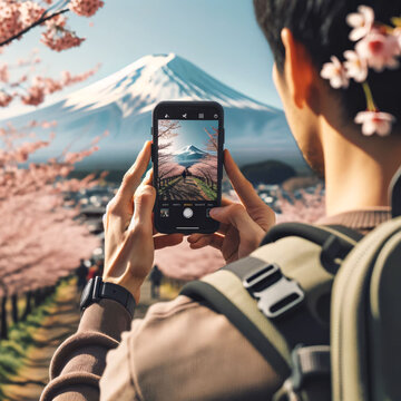 Tourist Snaps Cherry Blossoms and Mount Fuji on Phone