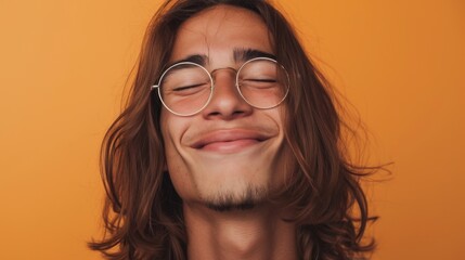 Young man with long hair and glasses smiling with eyes closed against an orange background.