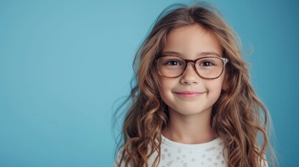 Obraz premium Young girl with glasses smiling against a blue background.