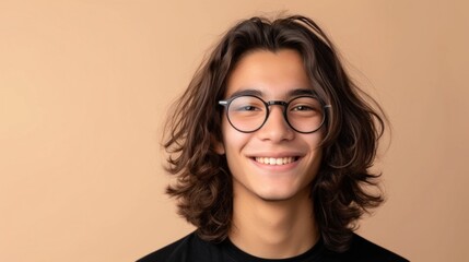 Young man with long hair wearing glasses smiling against a beige background.