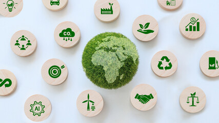 Green earth with icon for ESG, Environment Social and Governance co2, and net zero.Concept of World sustainable environment, Save our Planet, World Environment Day, World Earth Day and Climate change. - obrazy, fototapety, plakaty