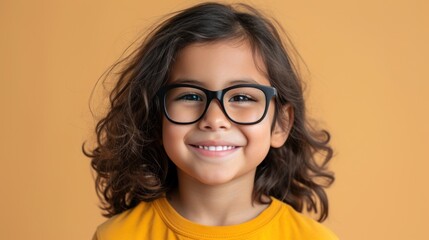 Young girl with curly hair and glasses smiling against an orange background.