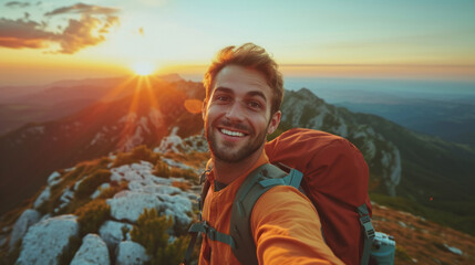 Selfie picture of a young hiker man at top of mountain