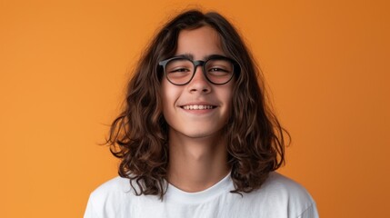 Obraz premium Young person with long curly hair wearing glasses smiling against an orange background.