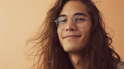 A young man with long hair and glasses smiling at the camera with a soft expression set against a warm blurred background.