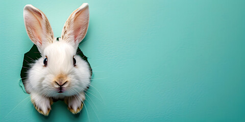 Obraz premium Bunny peeking out of a hole in blue pastel wall.