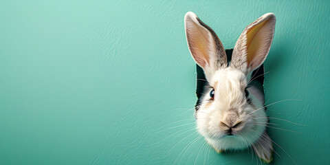 Obraz premium White cute bunny peeking out of a hole in blue pastel wall.
