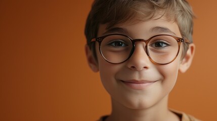 The image shows a young boy with glasses, smiling at the camera. He has short hair and is wearing a...