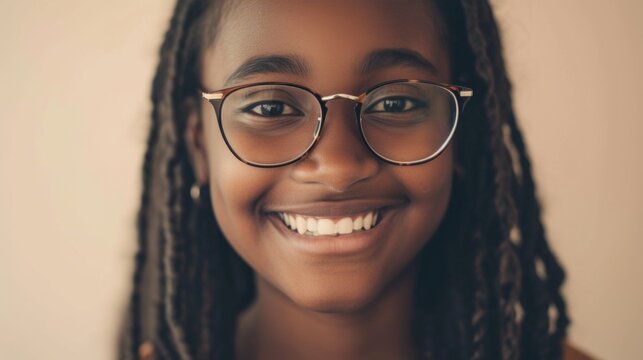 Smiling young girl with glasses braided hair and a joyful expression.