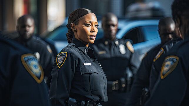 Smiling black female police officer talking to her colleagues 