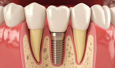 Close-up of a cross-section of jaw filling and dental implant of the tooth in the gum, National Tooth Love Day, Dental Health, 3d model