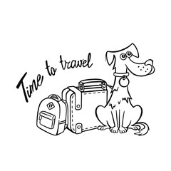 Traveling with a dog, cute pet with travel bag. A puppy is waiting for a flight abroad, a support or therapy animal for a traveler on airplanes. Vector illustration in flat style.