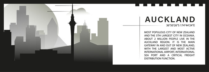 Auckland skyline vector banner, black and white minimalistic cityscape silhouette. New Zealand city horizontal graphic, travel infographic, monochrome layout for website