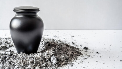 Cremation, funeral, liturgy, religious ceremony concept. Simple funeral urn on ashes on white background, copy space on a side - obrazy, fototapety, plakaty