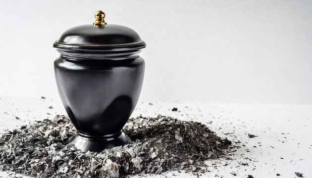 Cremation, funeral, liturgy, religious ceremony concept. Simple funeral urn on ashes on white background, copy space on a side