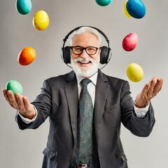 Alter Mann tanzt mit Kopfhörern und jongliert mit Ostereiern, freigestellt, weißer Hintergrund.